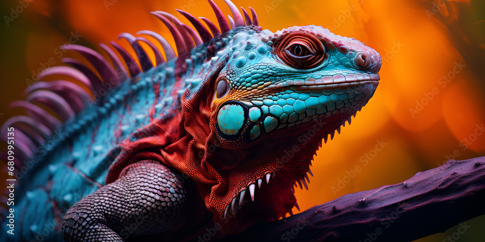 portrait of a colorful iguana sitting on a branch