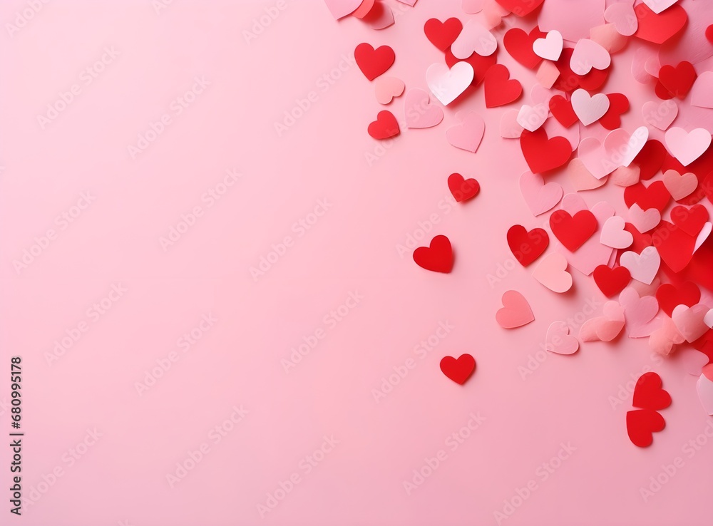 Happy st. Valentines day banner with red abstract illustrated hearts, pink paper hearts flying shining against dark red background with empty space for text, clouds, dreamy, couple love concept