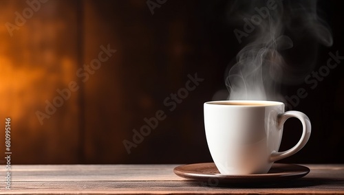 Coffee cup on wooden table with smoke