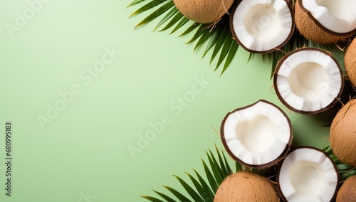 Coconut with palm leaves on green background. Top view with copy space