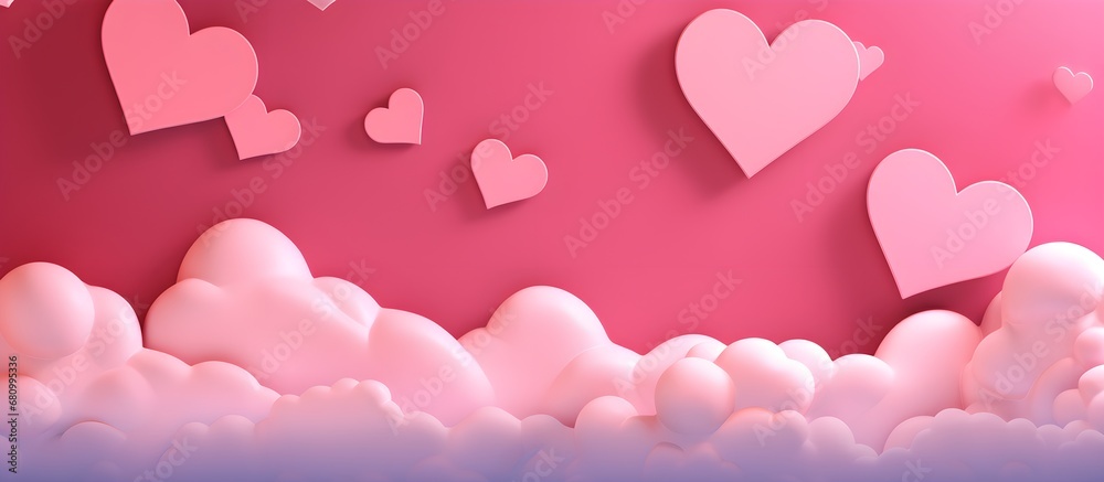 Happy st. Valentines day banner with red abstract illustrated hearts, pink paper hearts flying shining against dark red background with empty space for text, clouds, dreamy, couple love concept banner Happy st. Valentines day banner with red abstract illustrated hearts, pink paper hearts flying shining against dark red background with empty space for text, clouds, dreamy, couple love concept banner