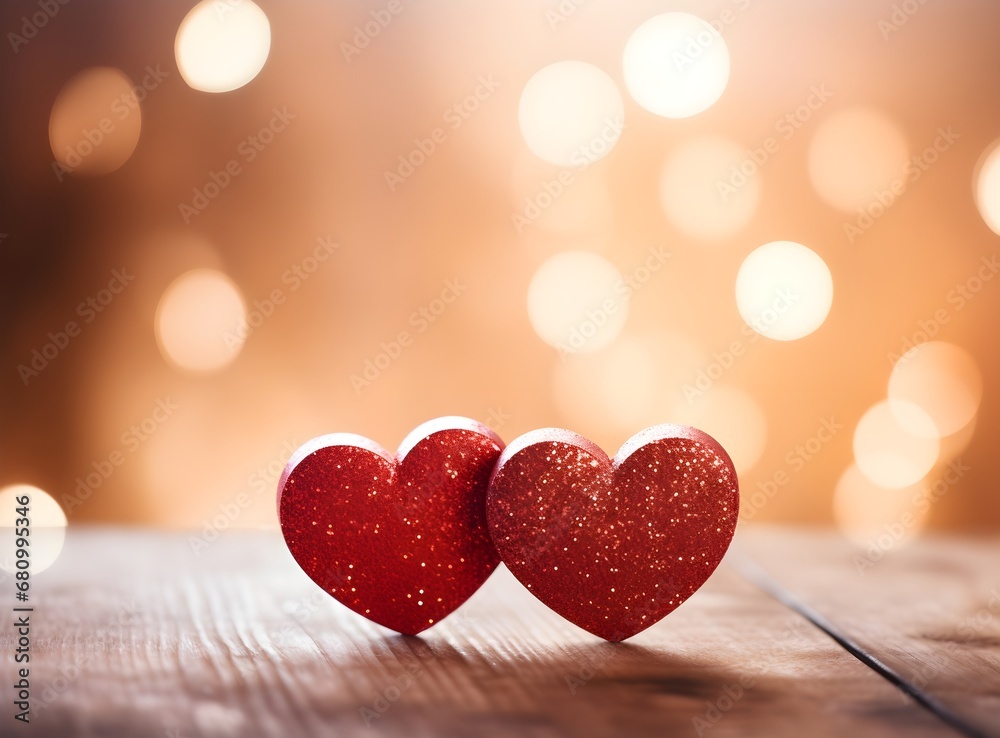 Two bright pink red hearts on glowing golden bokeh background. Design element for Happy Valentine's Day. Ready for greeting card, banner. illustration copy space banner Two bright pink red hearts on glowing golden bokeh background. Design element for Happy Valentine's Day. Ready for greeting card, banner. illustration copy space banner