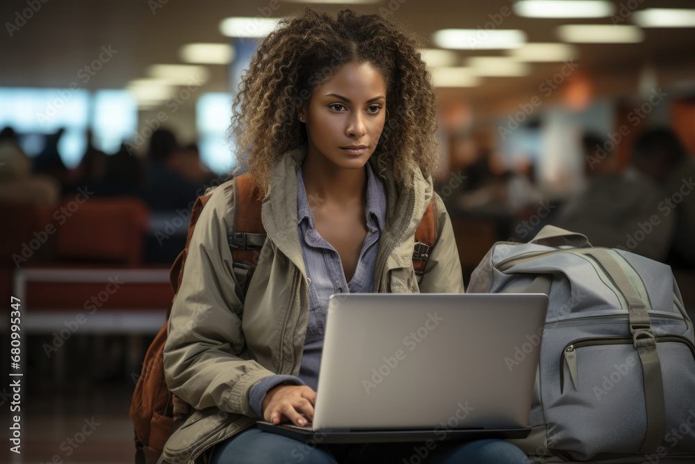 African woman sitting with luggage in waiting room of airport, subway, railway station African woman sitting with luggage in waiting room of airport, subway, railway station
