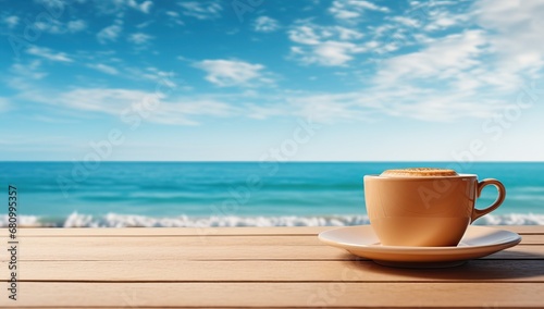 Cup of coffee on wooden table over blue sea and sky background