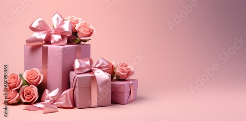 Paper art Valentine's day concept banner with hand made gift box, present pink cut ribbon, bow, and a lot of hearts on a color pastel pink background with space for text, banner, rose flowers bouquet #680995363