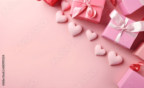 Paper art Valentine s day concept banner with hand made gift box  present pink cut ribbon  bow  and a lot of hearts on a color pastel pink background with space for text  banner  rose flowers bouquet