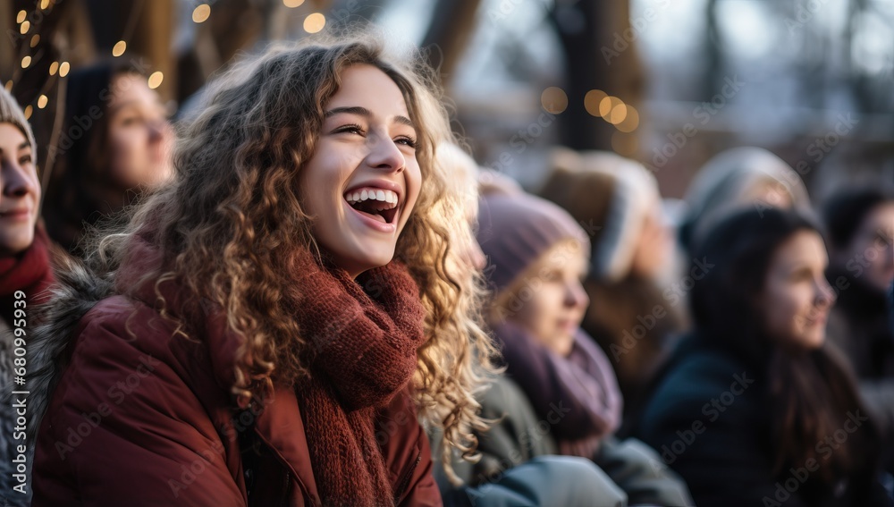 Portrait of young woman with long wavy hair laughing on blurred background of crowd of people