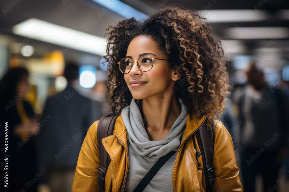 African woman standing with luggage in waiting room of airport, subway, railway station African woman standing with luggage in waiting room of airport, subway, railway station