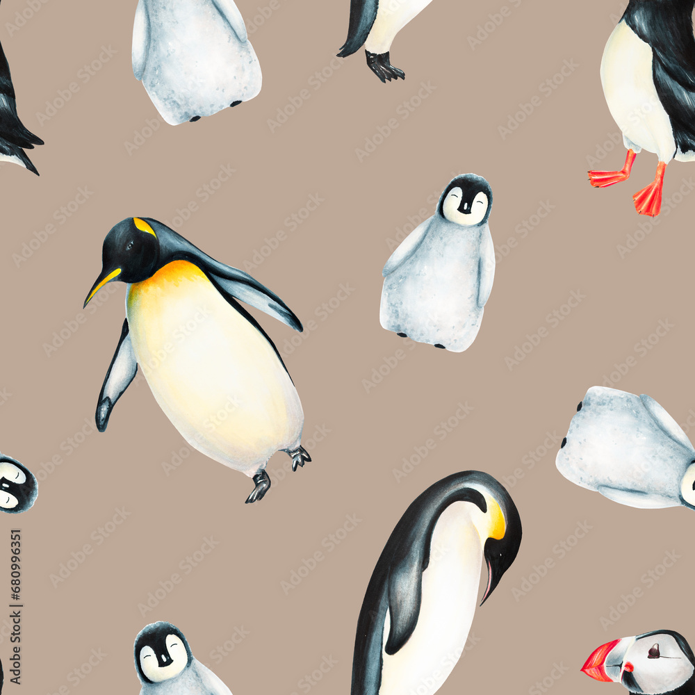 Fototapeta premium Watercolor seamless pattern with king penguins family and puffin bird isolated. Hand painting realistic Arctic and Antarctic ocean mammals. For designers, decoration, postcards, wrapping paper