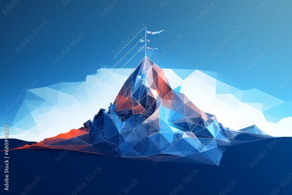 The path to success in the digital futuristic style. Business goals achievement concept.  illustration of a mountain with a flag in a polygonal wireframe, Generative AI - obrazy, fototapety, plakaty 