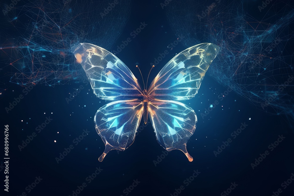 Butterfly in a digital futuristic style on background world map. The concept of a successful startup or investment or business transformation, Generative AI - obrazy, fototapety, plakaty 