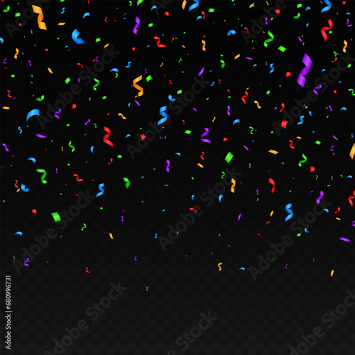 Shiny serpentine  abstract background with many falling tiny colorful confetti pieces and ribbon. Festive concept.