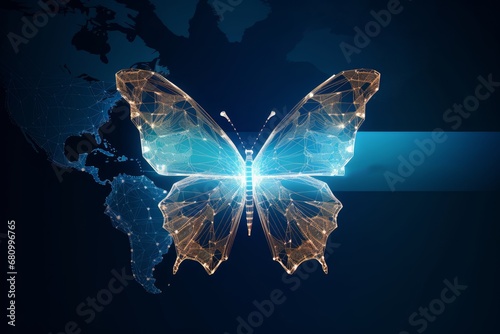Butterfly in a digital futuristic style on background world map. The concept of a successful startup or investment or business transformation, Generative AI © Imagery Innovators
