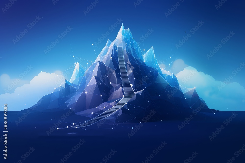 Path to the top of the mountain success concept in digital futuristic style on blue background.  illustration of the concept of step-by-step achievement, Generative AI - obrazy, fototapety, plakaty 