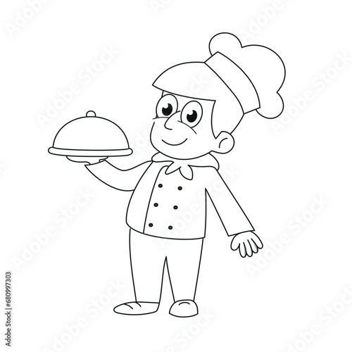 Chef with food tray. Vector illustration for coloring