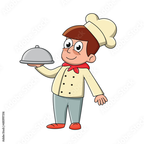 Chef with food tray. Colorful vector illustration for children