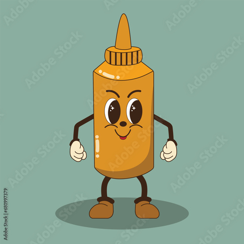 Mustard, sause for burger. Groovy fast food character in retro style. Food design. Vector vintage illustration. Nostalgia for the 70s, 80s, 90s. Trendy retro psychedelic style. Y2k aesthetic.