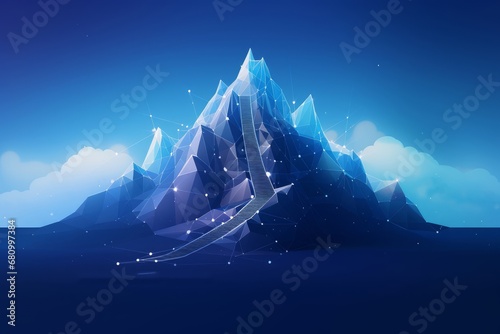 Path to the top of the mountain success concept in digital futuristic style on blue background.  illustration of the concept of step-by-step achievement, Generative AI photo