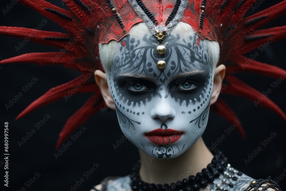 Portrait of a woman wearing festive carnival headpiece and face paint with jewels