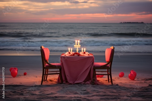 Romantic date by the sea, dinner at sunset. Generative AI