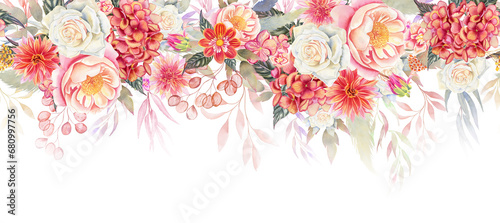 Endless watercolor ribbon of flowers in pastel colors. Hand drawn seamless border arrangement. Wedding design in nude style. For cards and invitations. #680997756