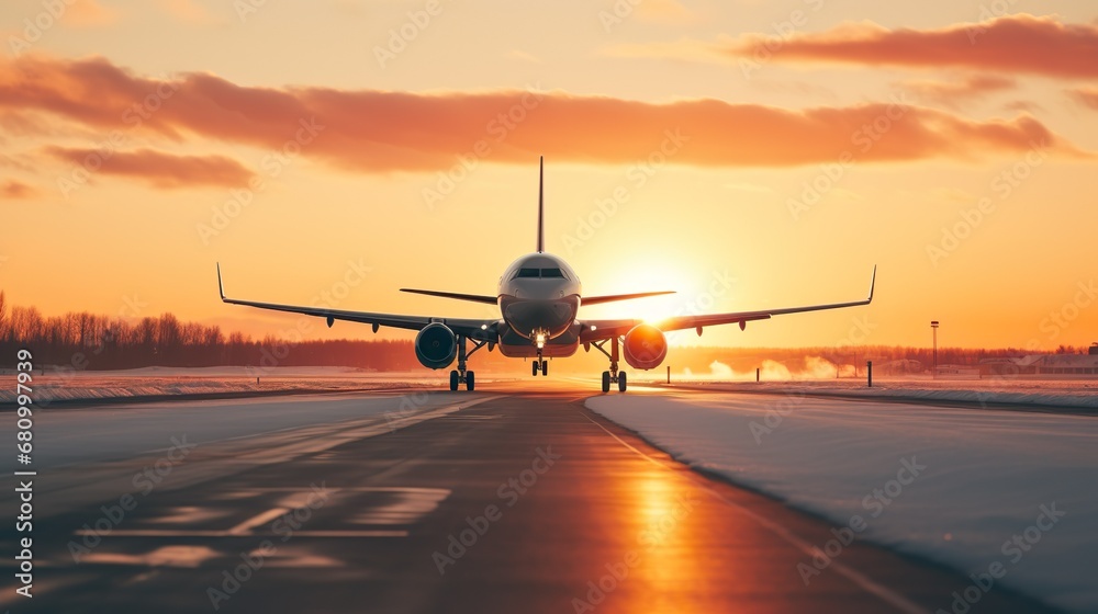 Passenger airplane in the sky above the clouds, passenger airplane gear released takes off in sky, beautiful panoramic background with flying plane in blue sky - obrazy, fototapety, plakaty 