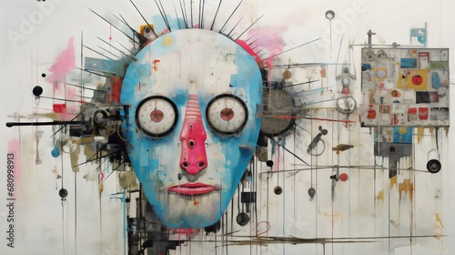 Abstract Artwork with Stylized Robotic Face and Mixed Media Elements