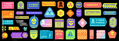 Cyberpunk stickers. Danger warning label, futuristic warning sign.