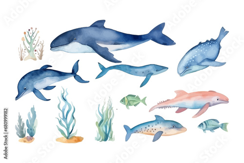 Watercolor vector fish. Set of sea animals.
