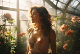 Side shot of a brunette woman in flowery v neck dress standing in greenhouse surround by flowers sun beams shining overexposure, vibrant, pastel, mist, light-pink and light-yellow and dark-blue 