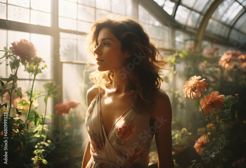 Side shot of a brunette woman in flowery v neck dress standing in greenhouse surround by flowers sun beams shining overexposure, vibrant, pastel, mist, light-pink and light-yellow and dark-blue 