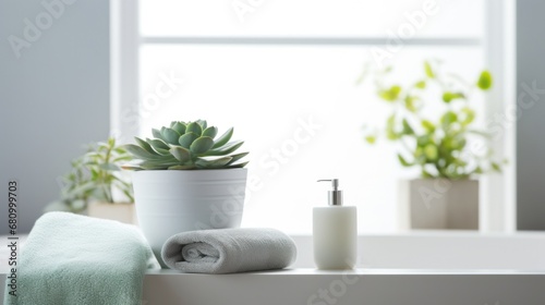 A serene bathroom with a trio of small succulents on the windowsill © yganko