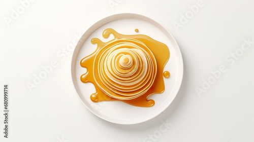 pancake with honey syrup on the white plate on isolated transparent background