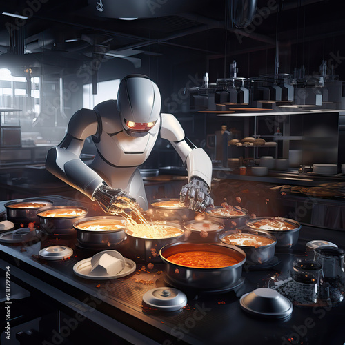 Futuristic kitchen with AI-powered robotic chefs creating a pancake masterpiece