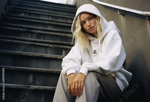 A gorgeous blonde woman in casual streetwear white hoody outfit sitting on stairs outside post-internet aesthetics photo