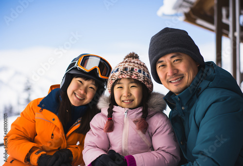 An Asian family of three posing for a photo of winter trip, photo of a family on a ski trip at a ski resort