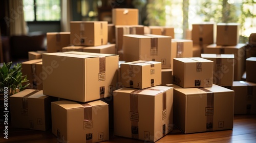 Moving day concept with many boxes awaiting unpacking in a new residence. © sopiangraphics