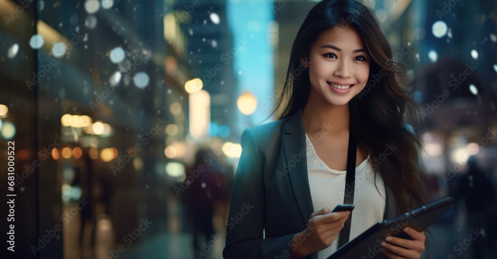 Obraz premium The Digital Connection: A Woman Embracing Technology Through a Window