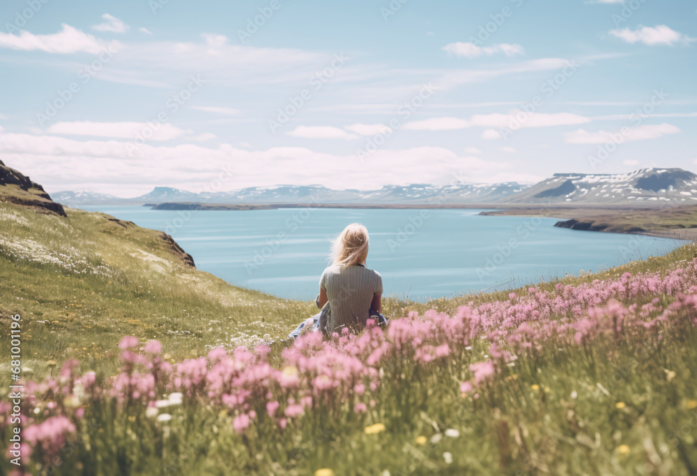 Back silhouette of  blonde woman sitting next to a fjord in the distance surround by pink flowers, overexposure, bright sunlight, Iceland landscape in windy day
