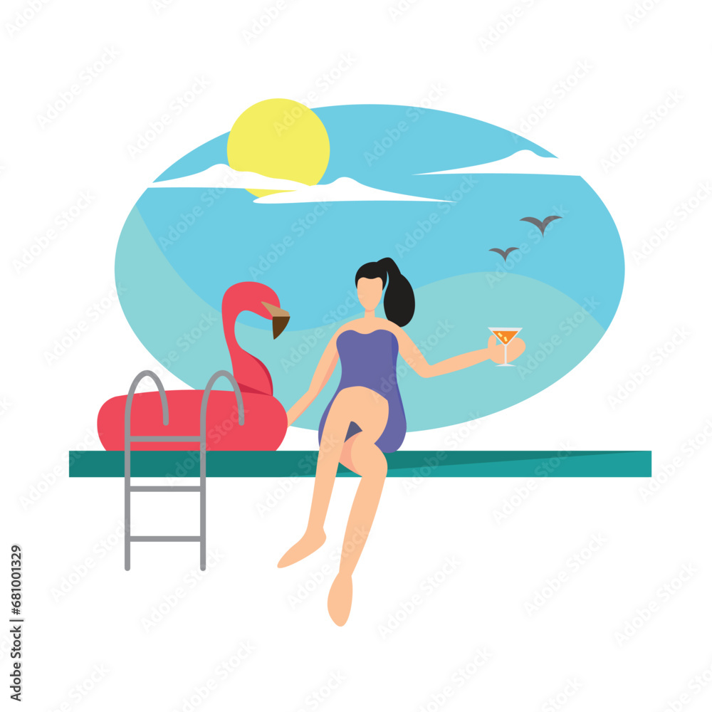 flat illustration of a girl in the summer holiday at the pool