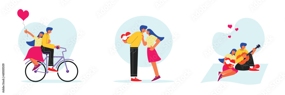 Valentines day flat illustration set. People in romantic relationship. Couple riding a scooter, picnic, dancing