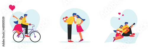 Valentines day flat illustration set. People in romantic relationship. Couple riding a scooter, picnic, dancing