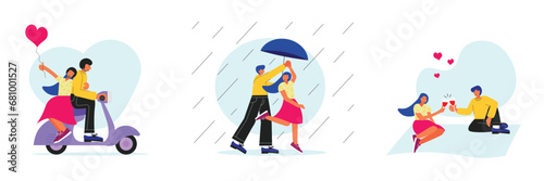 Valentines day flat illustration set. People in romantic relationship. Couple riding a scooter, picnic, dancing