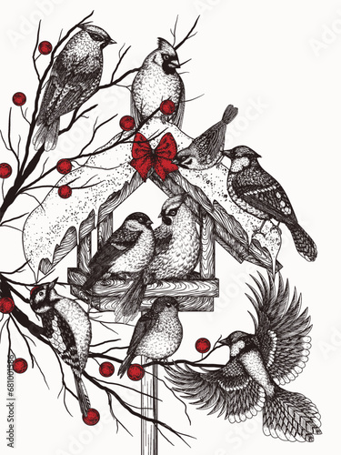 Vector illustration of winter birds at the feeder. Waxwing, robin, bullfinch, red cardinal, sparrow, woodpecker and blue jay in engraving style