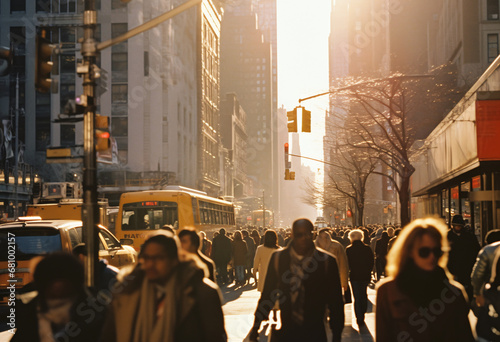 New York City overexposure by bright sunlight, people walk in crowded street at golden hour, low contrast, pastel, washed photo