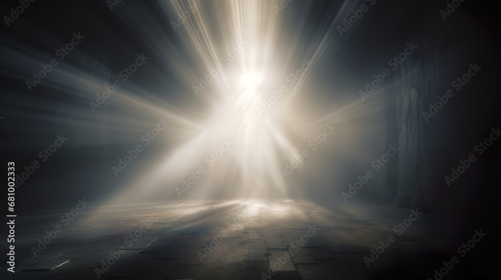 Divine light through a dark fog. The rays beam light on the floor. Spotlight on isolated background.