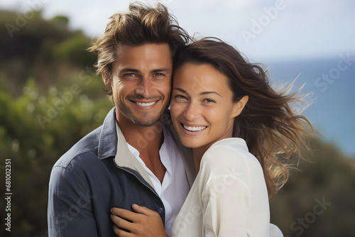 Attractive couple taking a selfie outdoors near the sea