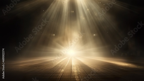 Divine light through a dark fog. The rays beam light on the floor. Spotlight on isolated background.