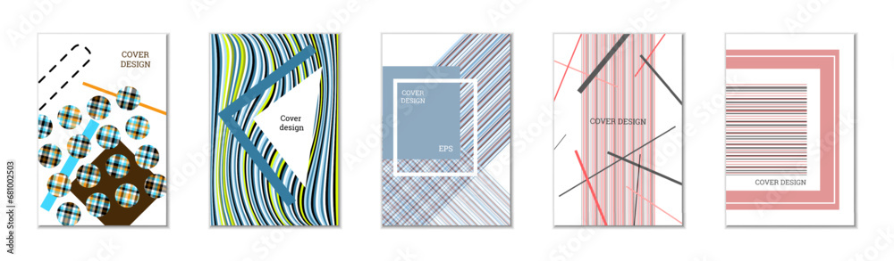 Geometric cover design, set of 5 covers. Abstract unusual background in Memphis style. Bright geometric shapes in random order Geometric cover design, set of 5 covers. Abstract unusual background in Memphis style. Bright geometric shapes in random order