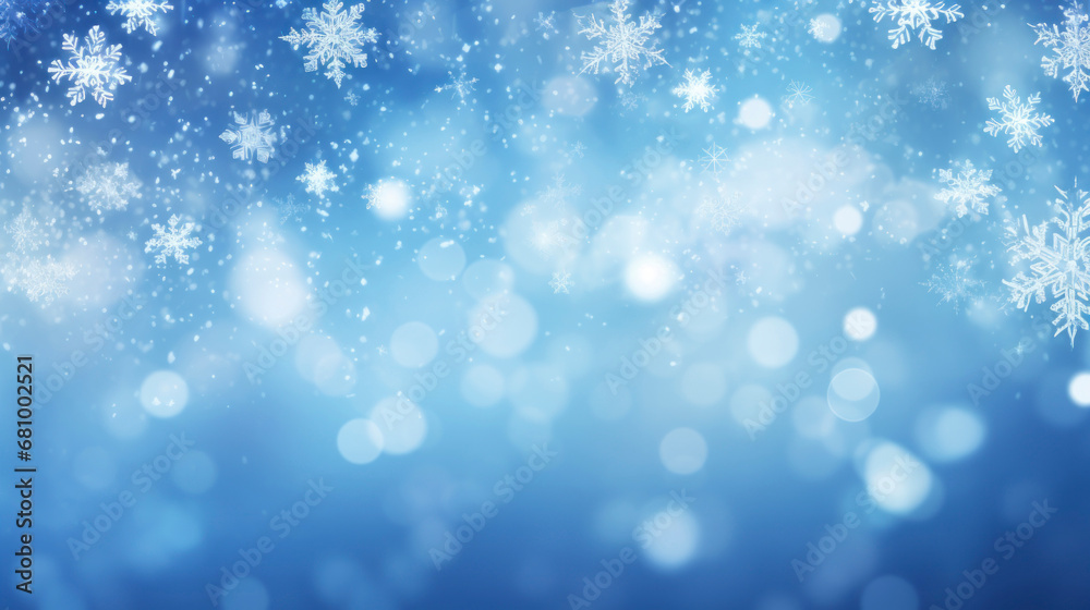New Year and Christmas holiday background with snowflakes on blue background with bokeh. Atmosphere of winter fairy tale and fun. Copy space.